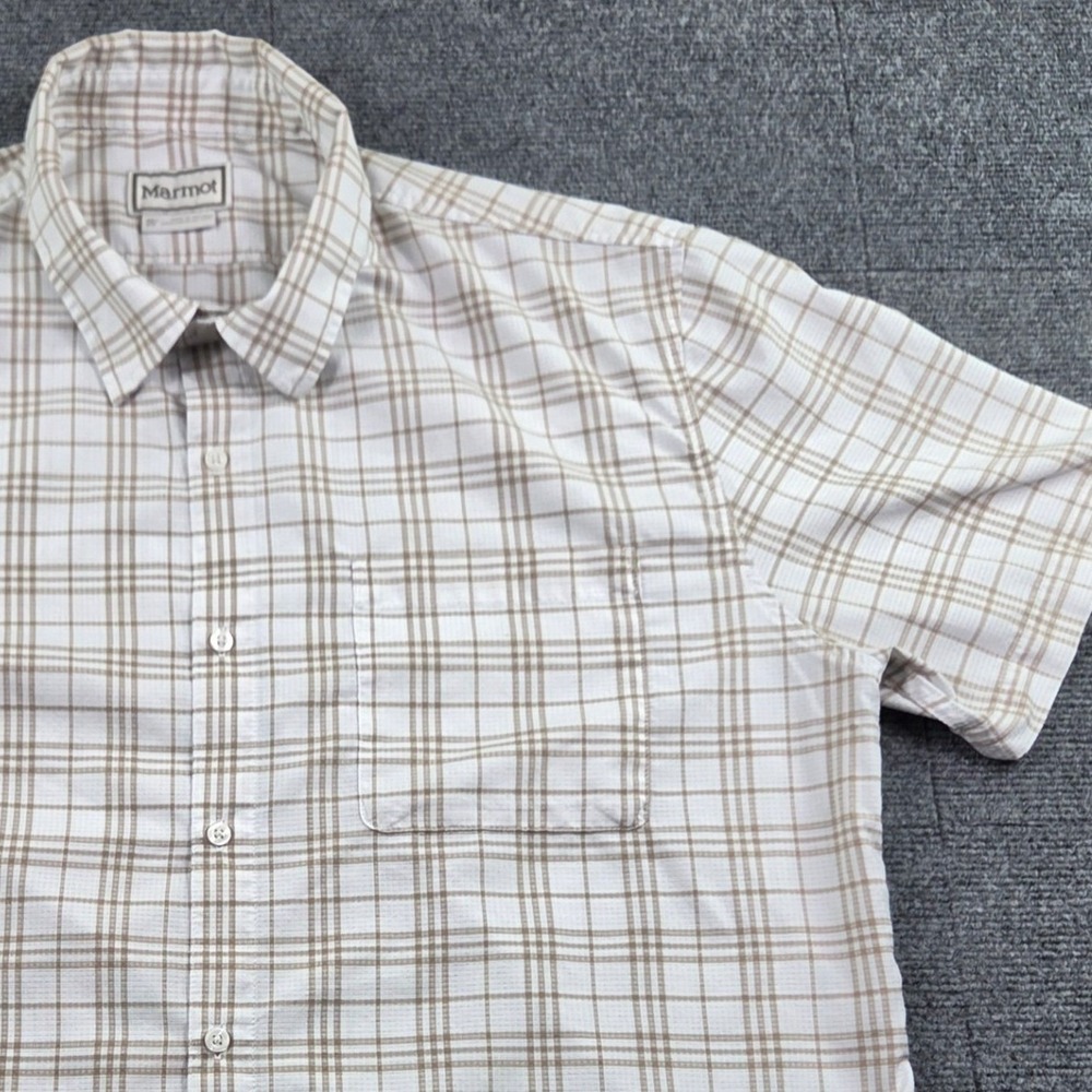 Marmot Mens XXL Tan White Plaid Short Sleeve Button Down Shirt Outdoor